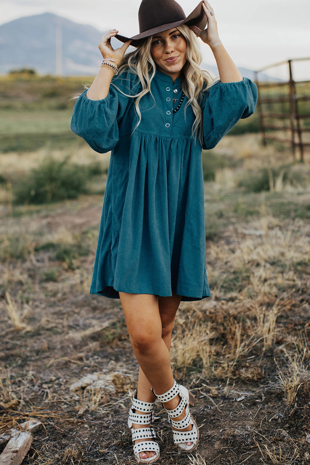 Chic Three-Quarter Sleeve Dress - Snap Buttons, High Waist, Blue Corduroy - Detail View 3 Chic Three-Quarter Sleeve Dress - Snap Buttons, High Waist, Blue Corduroy - Detail View 3