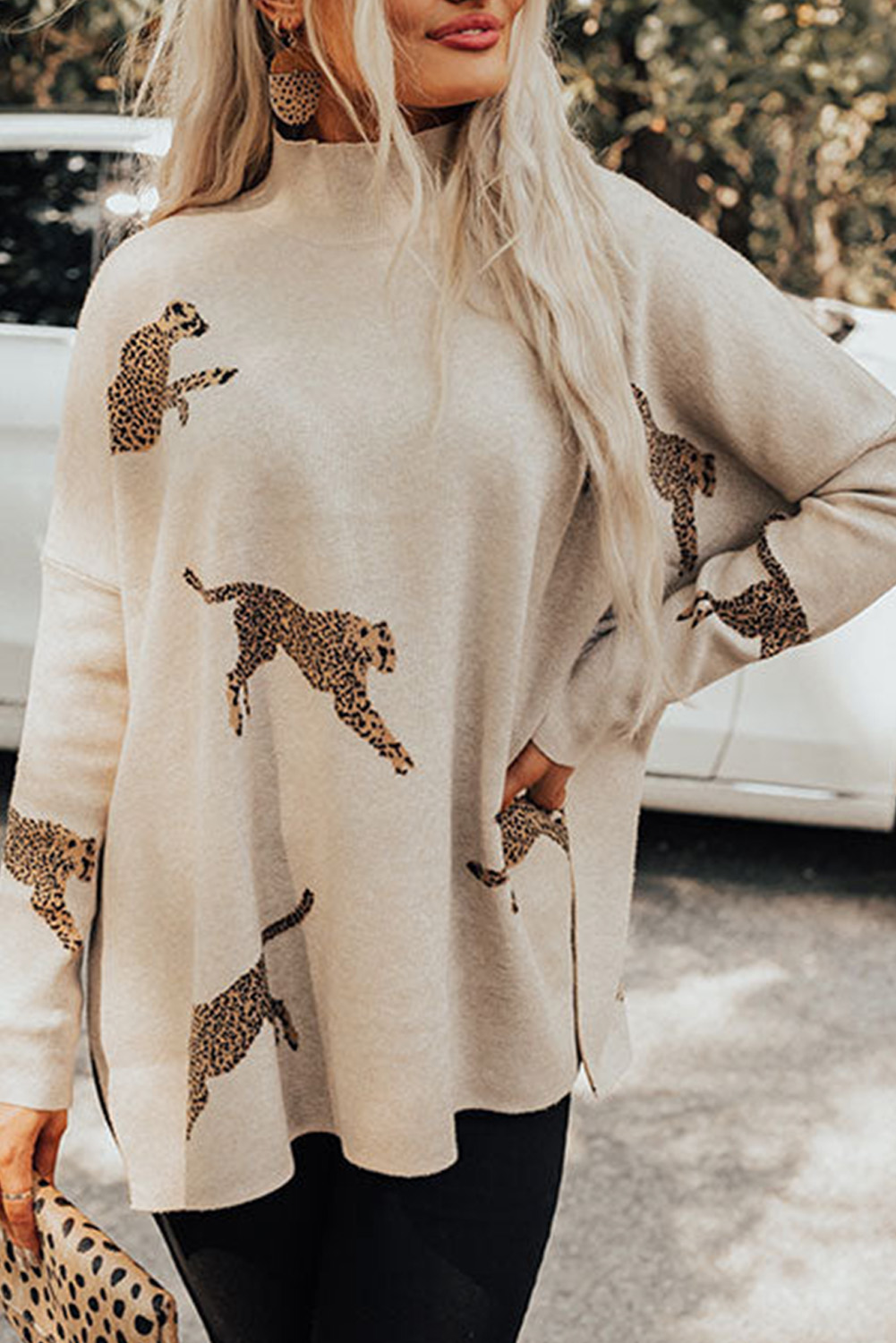 Leopard Pattern Knit Pullover, Chic Split Hem Casual Top - Detail View 2 Leopard Pattern Knit Pullover, Chic Split Hem Casual Top - Detail View 2