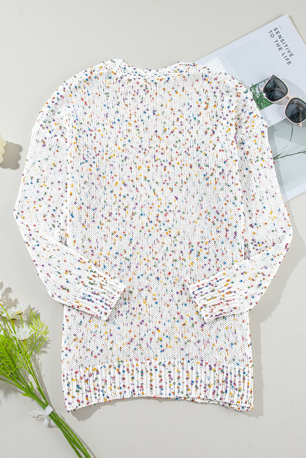 Women's White Multicolor Dotted Rib Knit Long Sleeve Cardigan - Detail View 11 Women's White Multicolor Dotted Rib Knit Long Sleeve Cardigan - Detail View 11