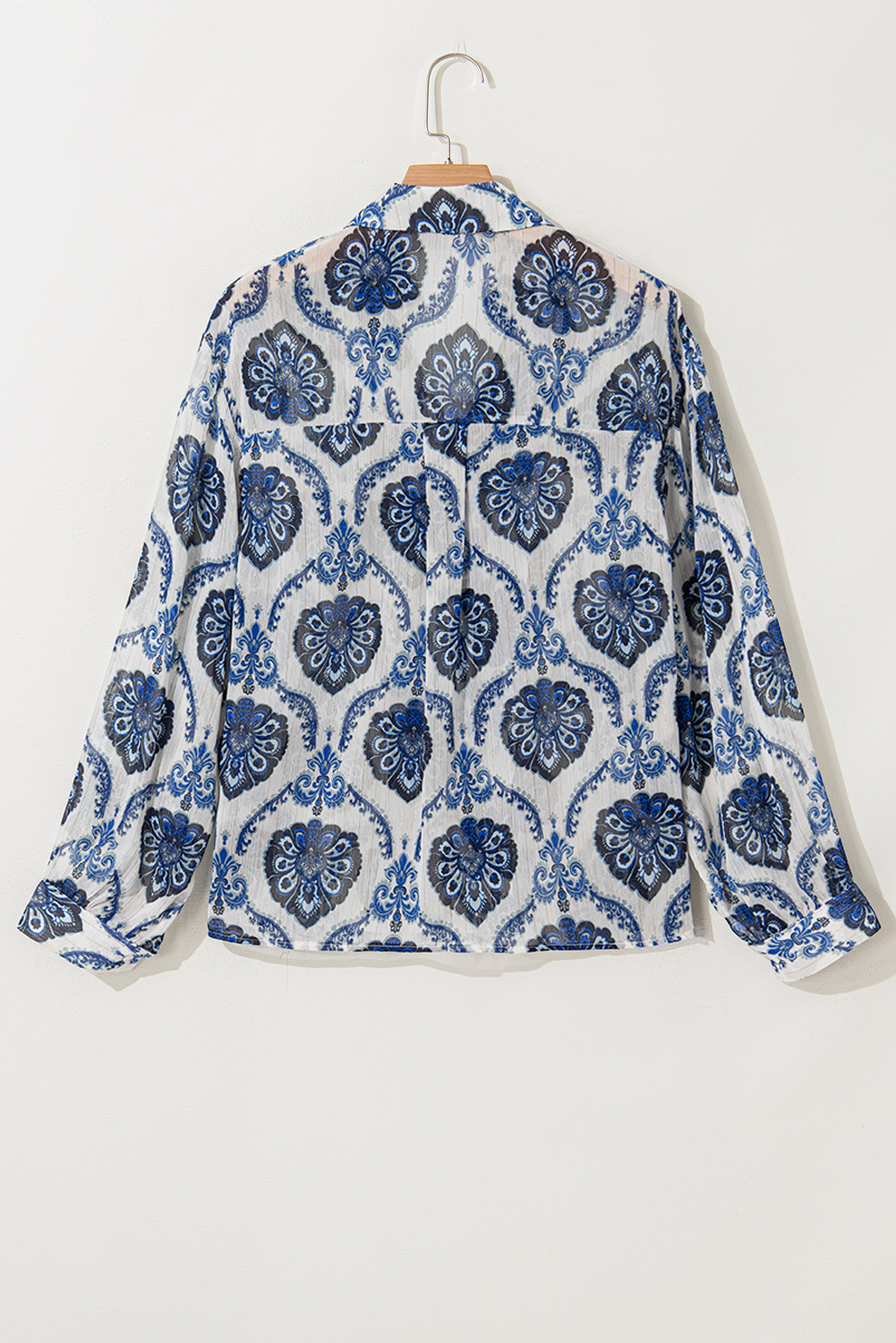 Women's Shirt, Bohemian Style, Blue Tribal Pattern, Buttoned Front, Long Sleeve, Loose Fit, Casual, Daily Wear, Easy to Style, Relaxed Silhouette, Global Flair, Boho Chic, 100% Polyester - Detail View 10 Women's Shirt, Bohemian Style, Blue Tribal Pattern, Buttoned Front, Long Sleeve, Loose Fit, Casual, Daily Wear, Easy to Style, Relaxed Silhouette, Global Flair, Boho Chic, 100% Polyester - Detail View 10
