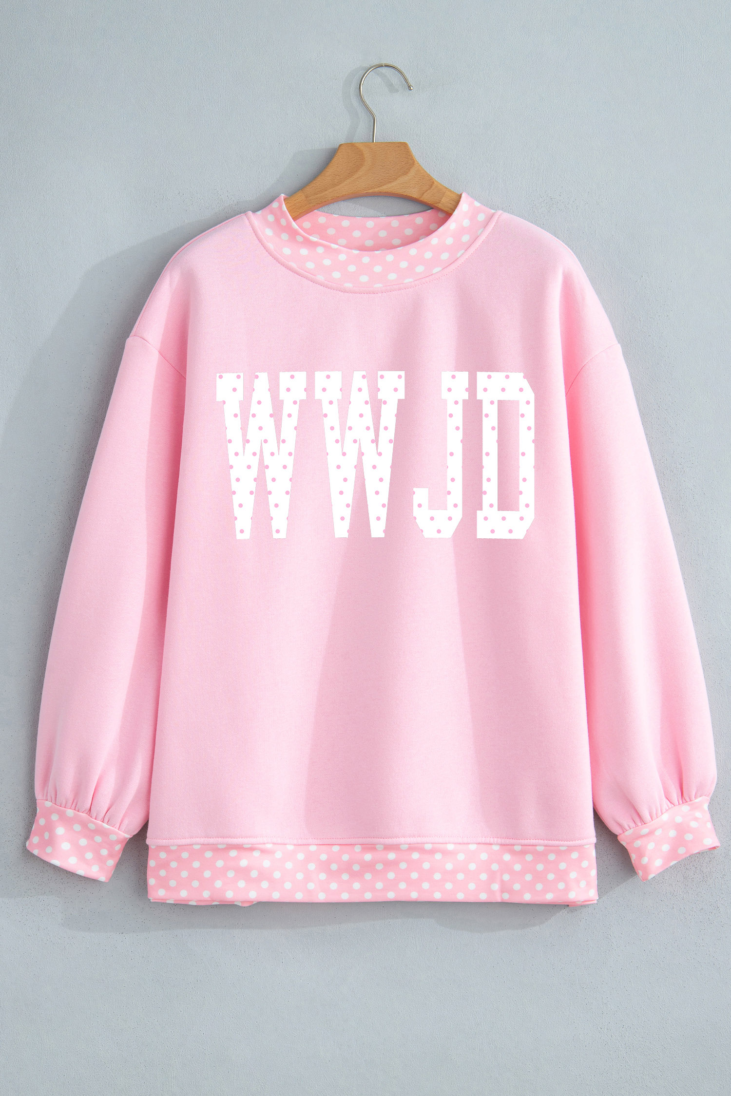 Women's Letter Print Pullover, Pink Polka Dot Sweatshirt - Detail View 5 Women's Letter Print Pullover, Pink Polka Dot Sweatshirt - Detail View 5