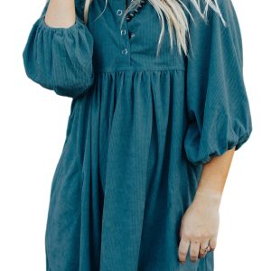 Women's Blue Corduroy Empire Waist Dress with Snap Buttons - Main View