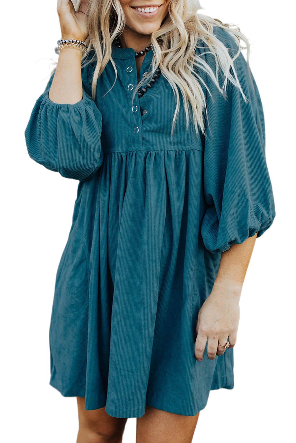 Women's Blue Corduroy Empire Waist Dress with Snap Buttons - Main View Women's Blue Corduroy Empire Waist Dress with Snap Buttons - Main View