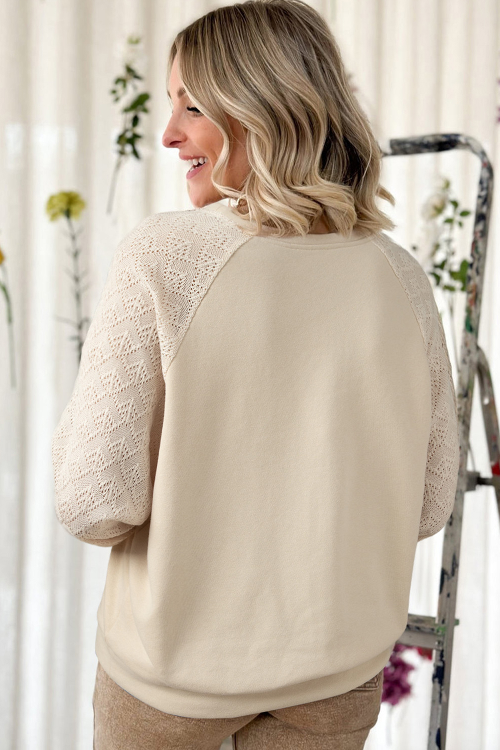 Stylish Long Sleeve Sweatshirt: Parchment with Crochet Detailing - Detail View 2 Stylish Long Sleeve Sweatshirt: Parchment with Crochet Detailing - Detail View 2
