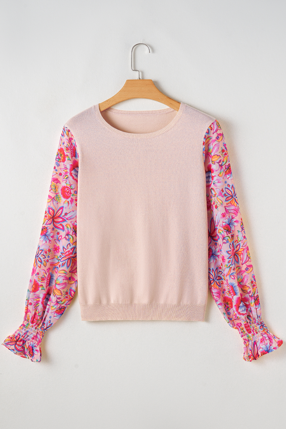 Chic and Cozy Oatmeal Sweater with Floral Patchwork Lantern Sleeves - Detail View 6 Chic and Cozy Oatmeal Sweater with Floral Patchwork Lantern Sleeves - Detail View 6