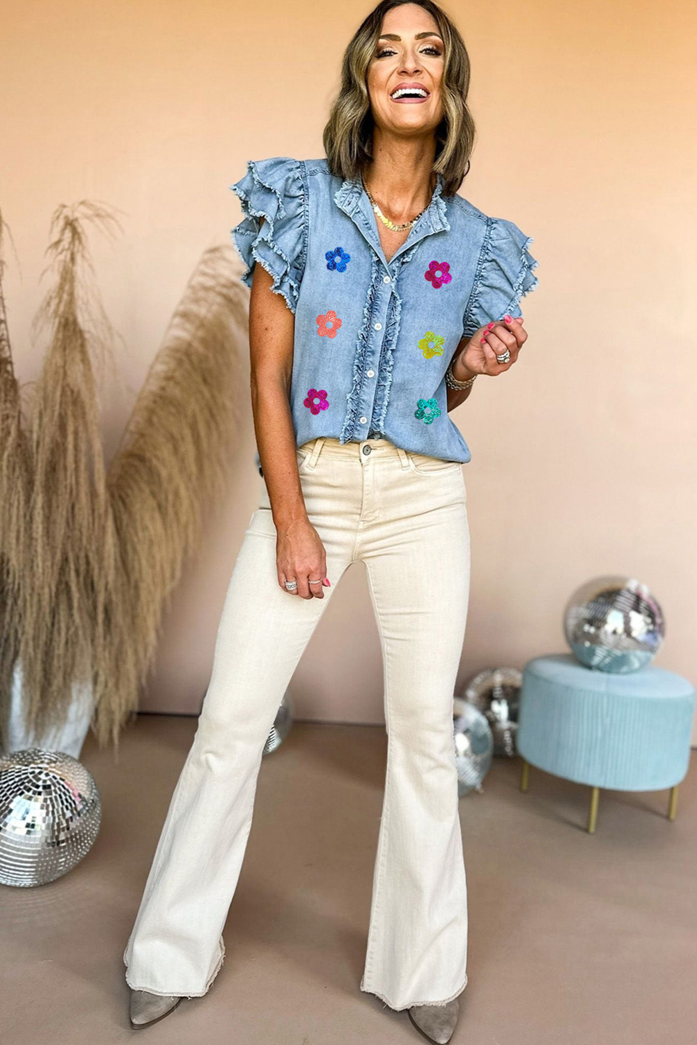 Chic Sequin Flower Denim Top, Casual Raw Hem Summer Shirt - Detail View 6 Chic Sequin Flower Denim Top, Casual Raw Hem Summer Shirt - Detail View 6