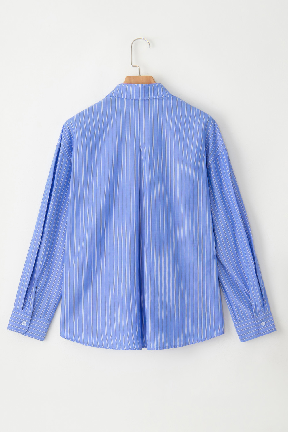 Women's Blue Stripe Oversized Button Up Casual Tunic Shirt - Detail View 6 Women's Blue Stripe Oversized Button Up Casual Tunic Shirt - Detail View 6