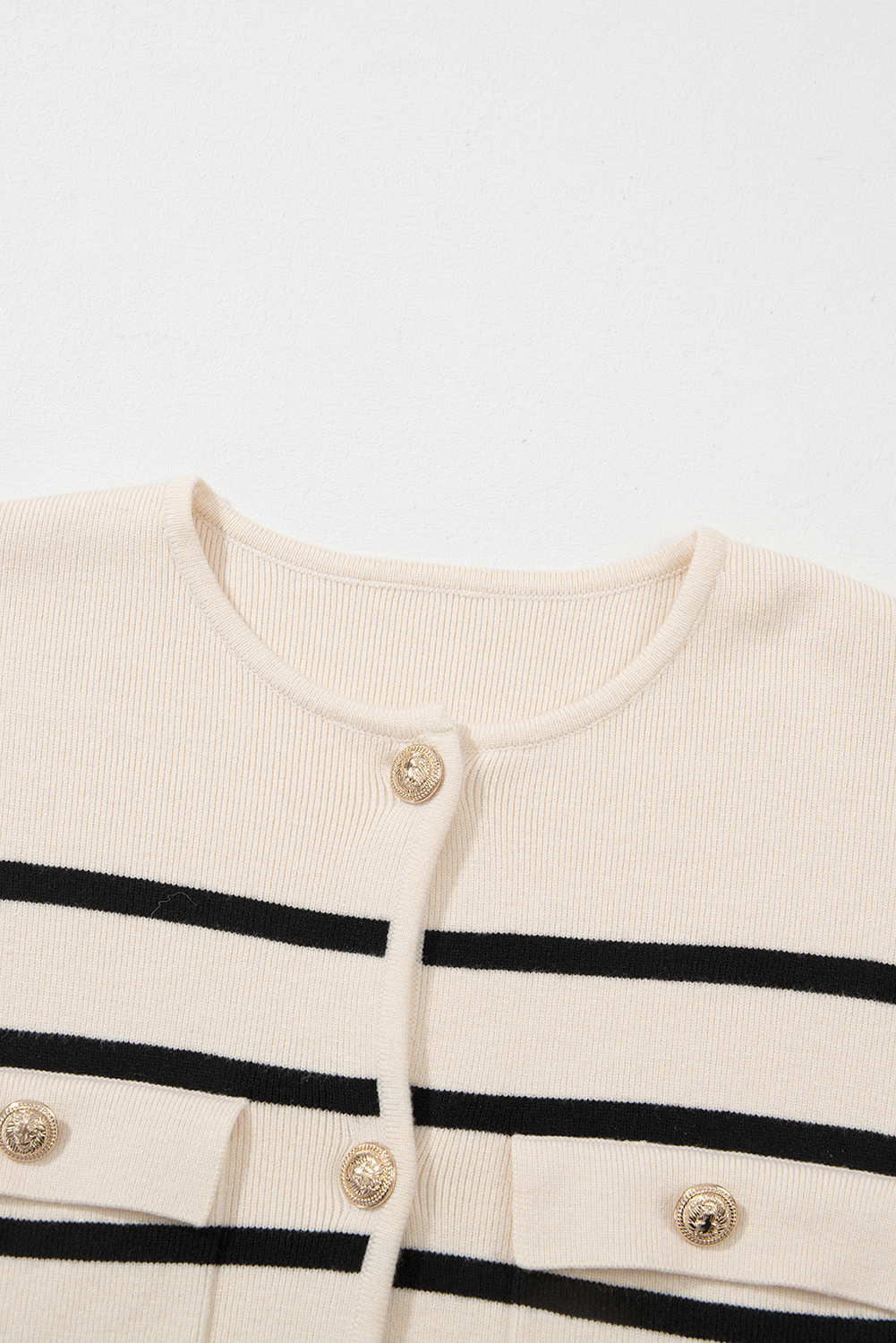 Women's Classic Black Stripe Flap Pocket Buttoned Cardigan Sweater - Detail View 16 Women's Classic Black Stripe Flap Pocket Buttoned Cardigan Sweater - Detail View 16