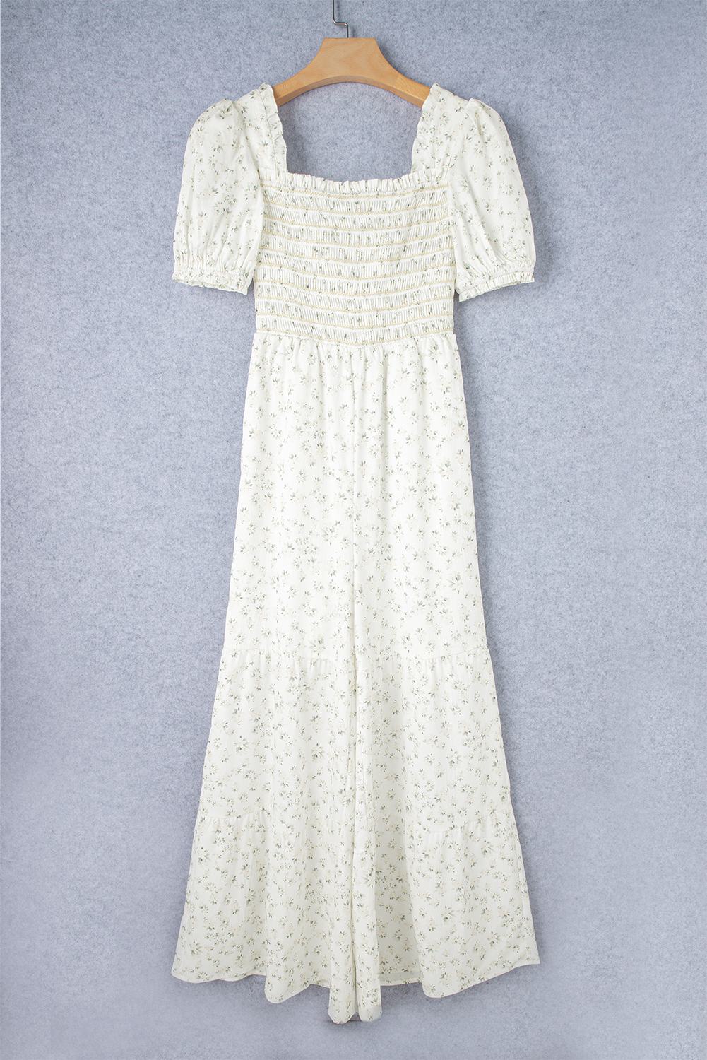 Women's Boho White Floral Smocked Wide Leg Short Puff Sleeve Jumpsuit - Detail View 6 Women's Boho White Floral Smocked Wide Leg Short Puff Sleeve Jumpsuit - Detail View 6
