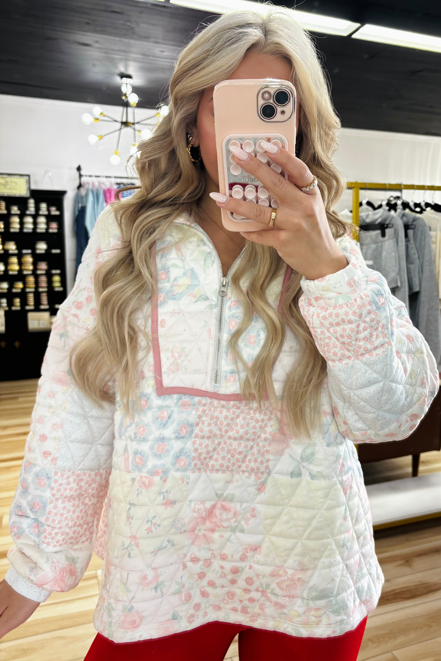 Women's Floral Quilted Sweatshirt, Casual Zip Collar Pullover - Detail View 7 Women's Floral Quilted Sweatshirt, Casual Zip Collar Pullover - Detail View 7
