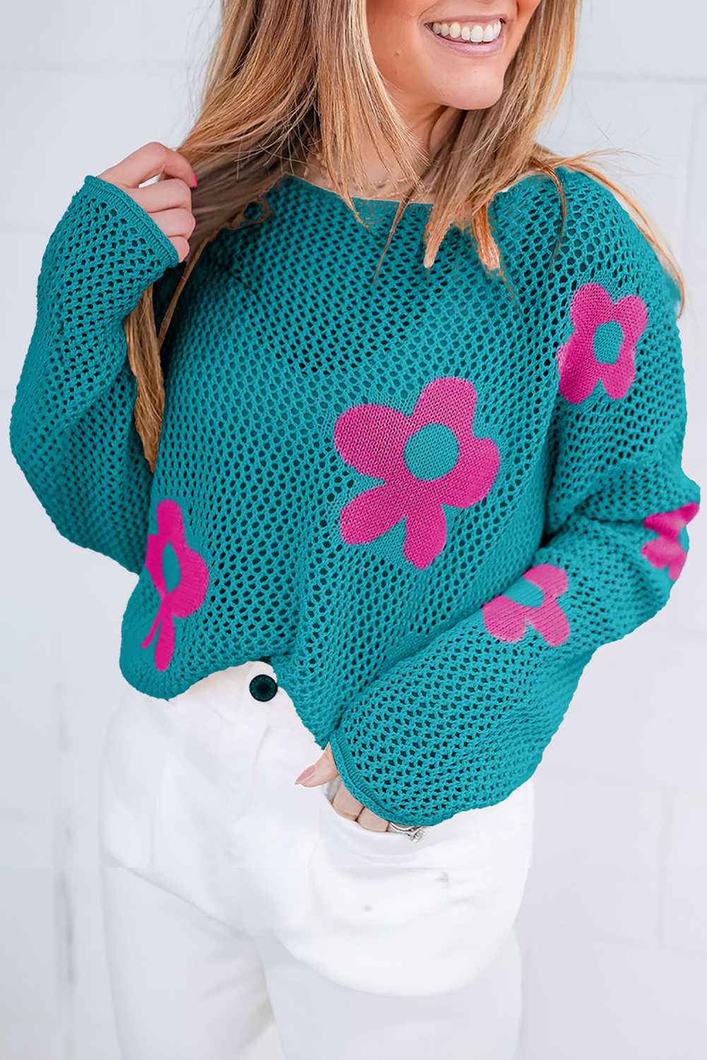 Casual Knit Top with Floral Pattern and Open Knit - Sea Green - Detail View 2 Casual Knit Top with Floral Pattern and Open Knit - Sea Green - Detail View 2