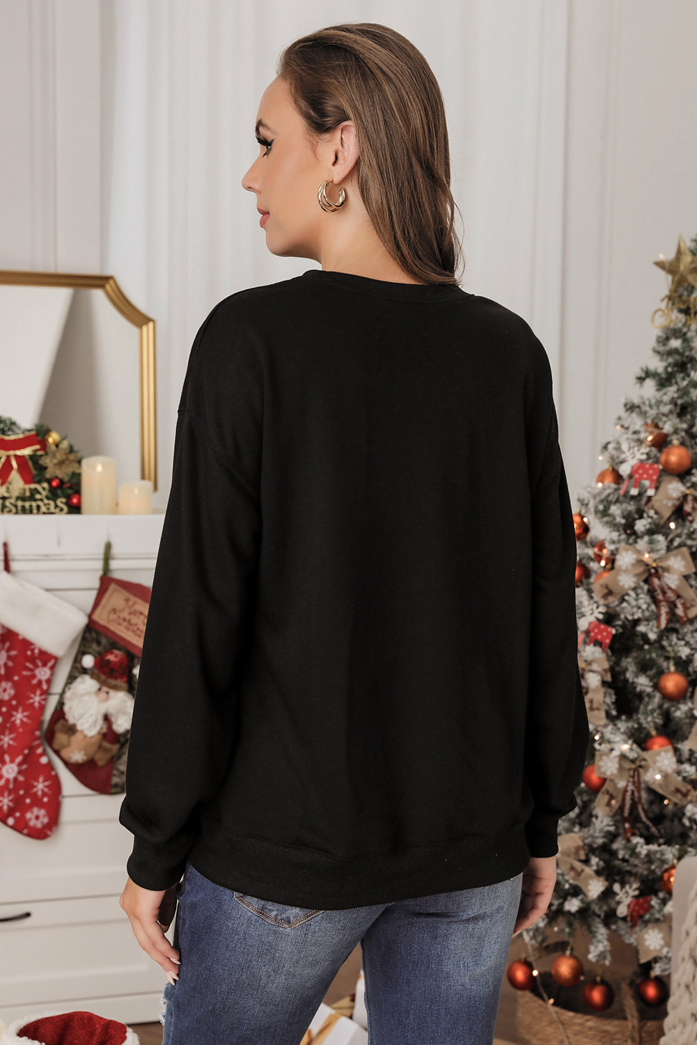 Women's Sweatshirt, Black Glittering, Merry and Bright, Christmas Graphic, Long Sleeve, Casual Style, Holiday Fashion, Festive Look, Comfortable, Daily Wear, Fall Autumn, Graphic Sweatshirts, Round Neck, Shimmering, Winter Wardrobe - Detail View 4 Women's Sweatshirt, Black Glittering, Merry and Bright, Christmas Graphic, Long Sleeve, Casual Style, Holiday Fashion, Festive Look, Comfortable, Daily Wear, Fall Autumn, Graphic Sweatshirts, Round Neck, Shimmering, Winter Wardrobe - Detail View 4