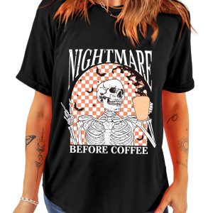 Women's Black Skull Checkerboard Graphic Halloween Tee - Main View