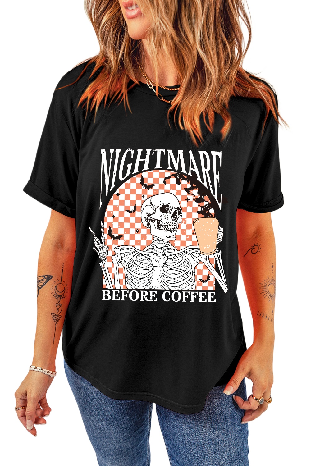 Women's Black Skull Checkerboard Graphic Halloween Tee - Main View Women's Black Skull Checkerboard Graphic Halloween Tee - Main View