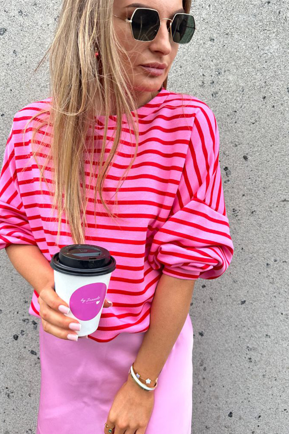 Comfortable and Fashionable Long Sleeve Sweatshirt - Sachet Pink Striped Print - Detail View 3 Comfortable and Fashionable Long Sleeve Sweatshirt - Sachet Pink Striped Print - Detail View 3