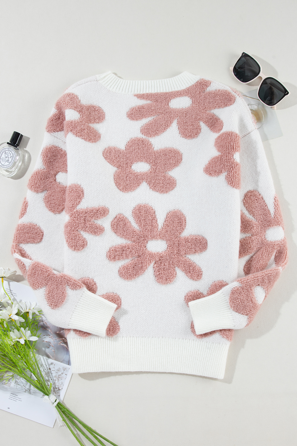 Women's White Textured Flower Drop Shoulder Loose Sweater - Detail View 11 Women's White Textured Flower Drop Shoulder Loose Sweater - Detail View 11