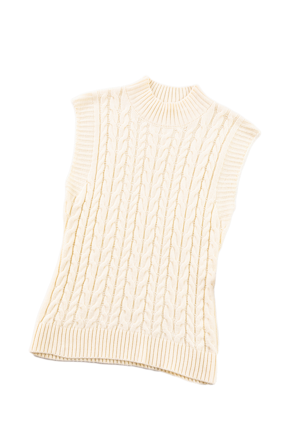 Women's Oatmeal Cable Knit Vest, Sleeveless High Neck Top - Detail View 19 Women's Oatmeal Cable Knit Vest, Sleeveless High Neck Top - Detail View 19