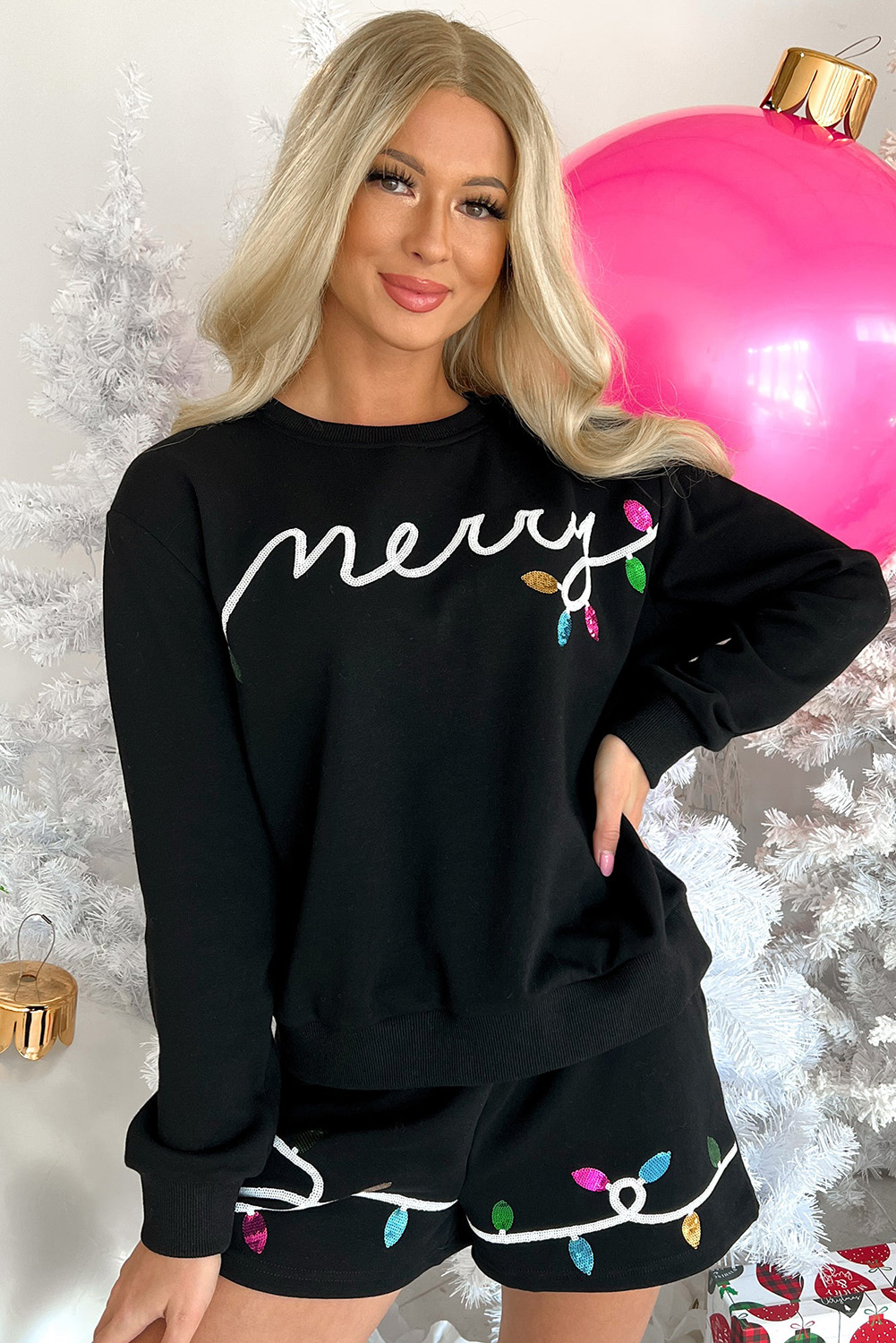 Casual Holiday Outfit with Long Sleeves and High-Waisted Shorts - Black Sequins - Detail View 3 Casual Holiday Outfit with Long Sleeves and High-Waisted Shorts - Black Sequins - Detail View 3