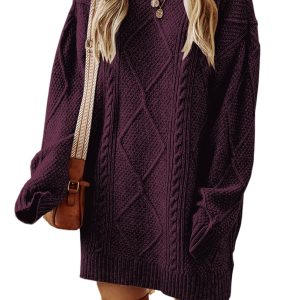Women's Cable Knit Dress, Casual Burgundy Sweater - Main View