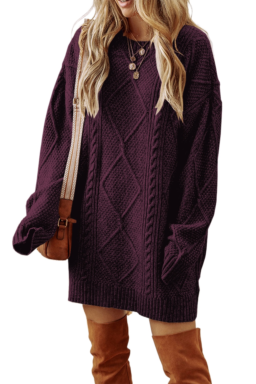 Women's Cable Knit Dress, Casual Burgundy Sweater - Main View Women's Cable Knit Dress, Casual Burgundy Sweater - Main View