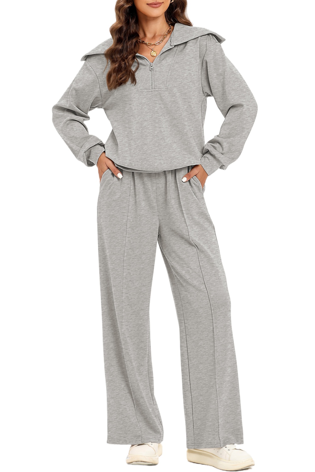 Women's Sailor Collar Sweatshirt Set, Casual Lounge Wear - Main View Women's Sailor Collar Sweatshirt Set, Casual Lounge Wear - Main View