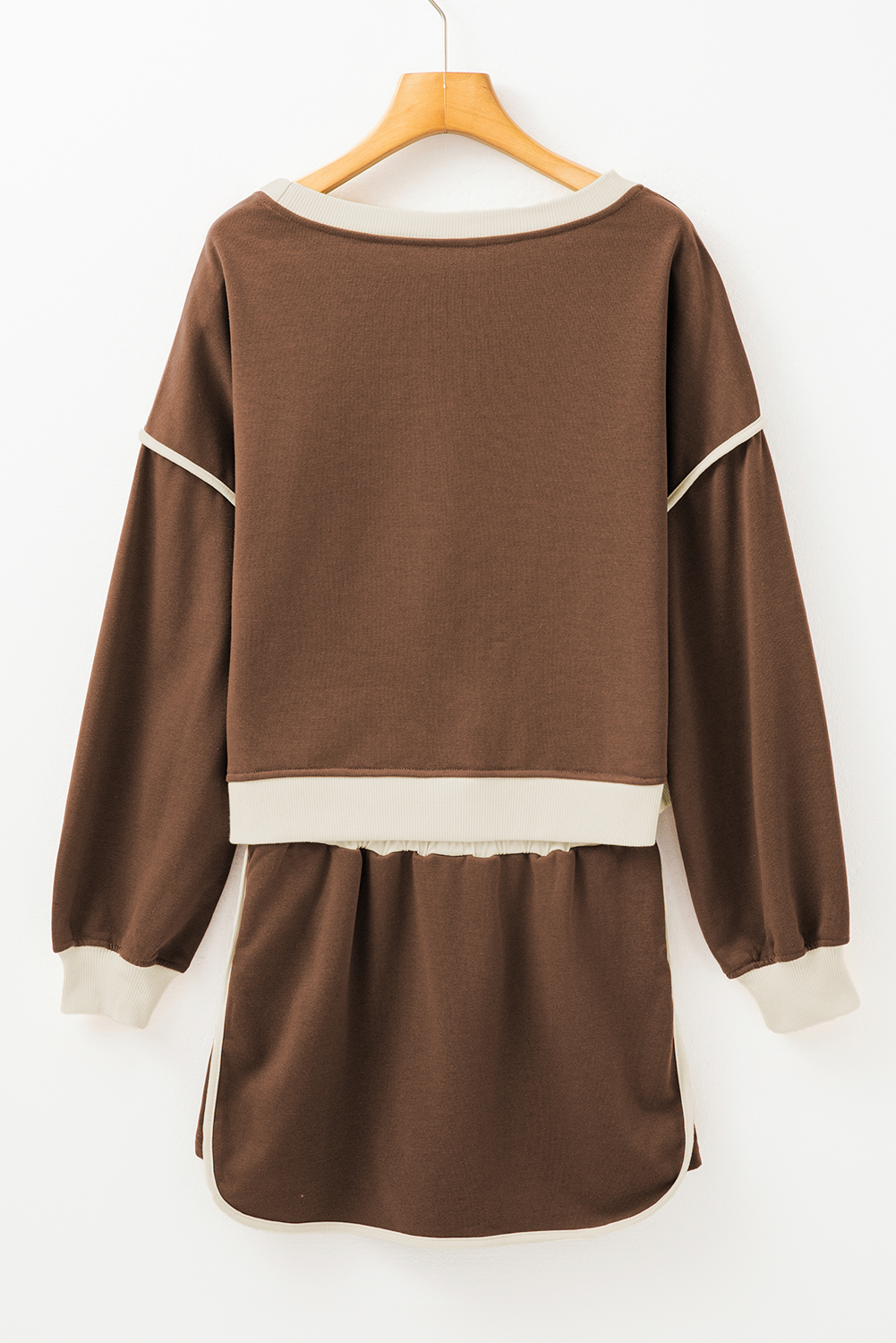 Women's Casual Skort Set, Coffee Contrast Pullover Outfit - Detail View 10 Women's Casual Skort Set, Coffee Contrast Pullover Outfit - Detail View 10