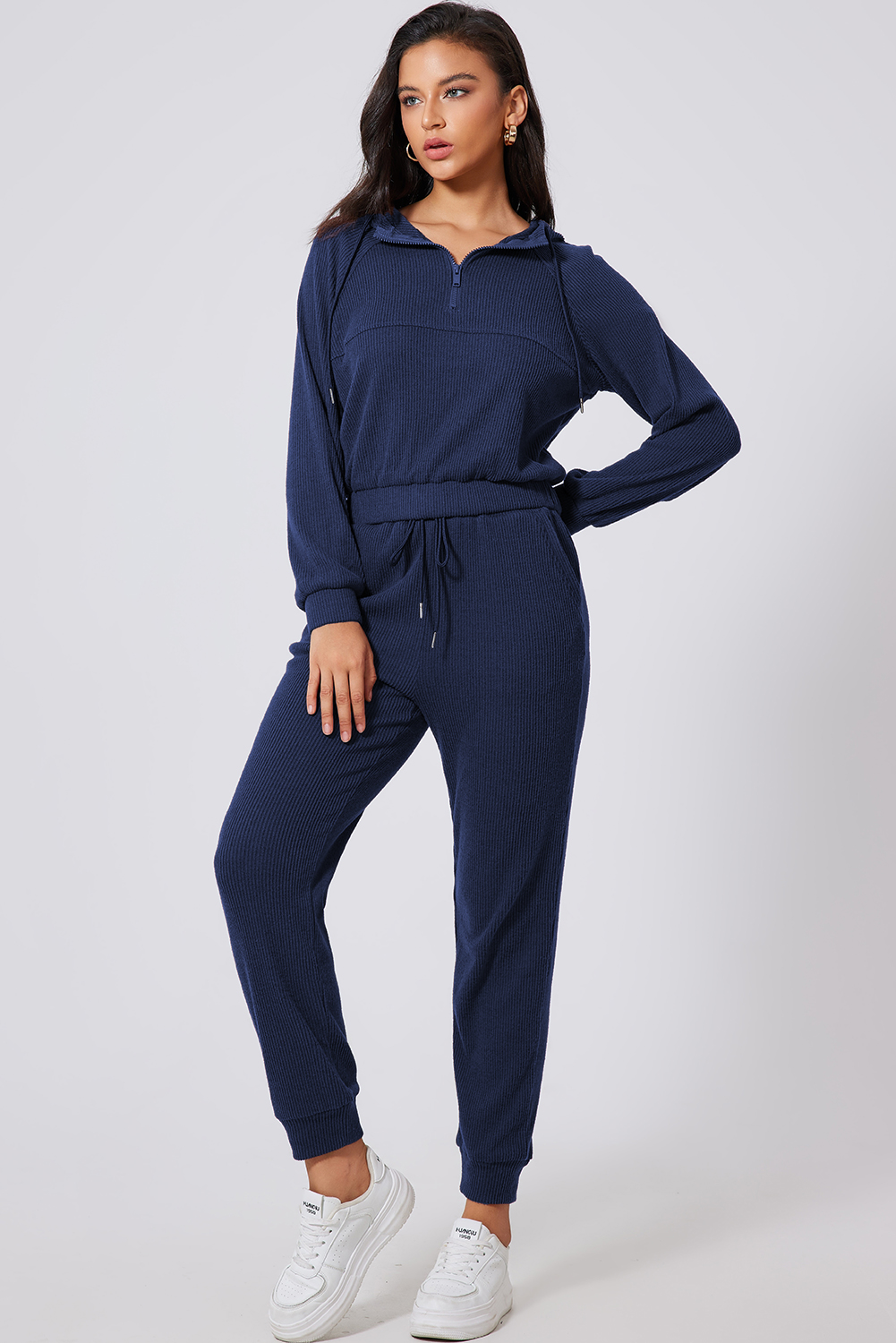Women's Navy Blue Ribbed Knit Cropped Hoodie and Joggers Set - Detail View 11 Women's Navy Blue Ribbed Knit Cropped Hoodie and Joggers Set - Detail View 11
