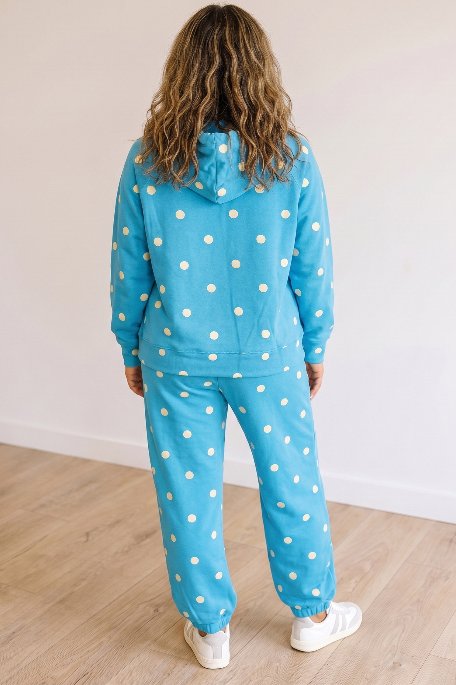 Women's Blue Lounge Set, Cozy Polka Dot Hooded Active Wear - Detail View 2 Women's Blue Lounge Set, Cozy Polka Dot Hooded Active Wear - Detail View 2