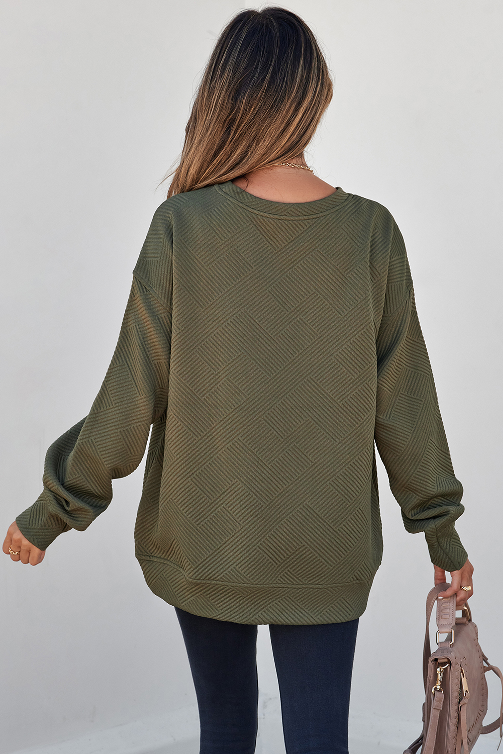 Jungle Green Textured Pullover, Drop Shoulder Casual Sweater - Detail View 2 Jungle Green Textured Pullover, Drop Shoulder Casual Sweater - Detail View 2