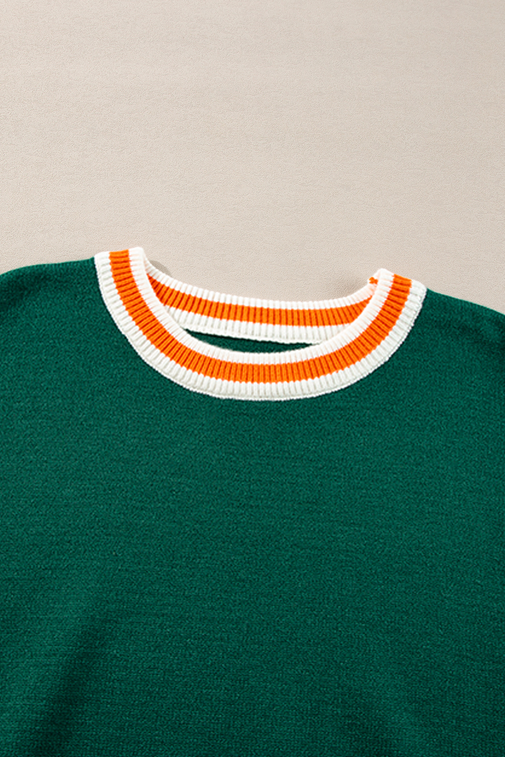 Women’s Blackish Green Colorblock Striped Trim Drop Shoulder Sweater - Casual Chic for Fall - Detail View 9 Women’s Blackish Green Colorblock Striped Trim Drop Shoulder Sweater - Casual Chic for Fall - Detail View 9