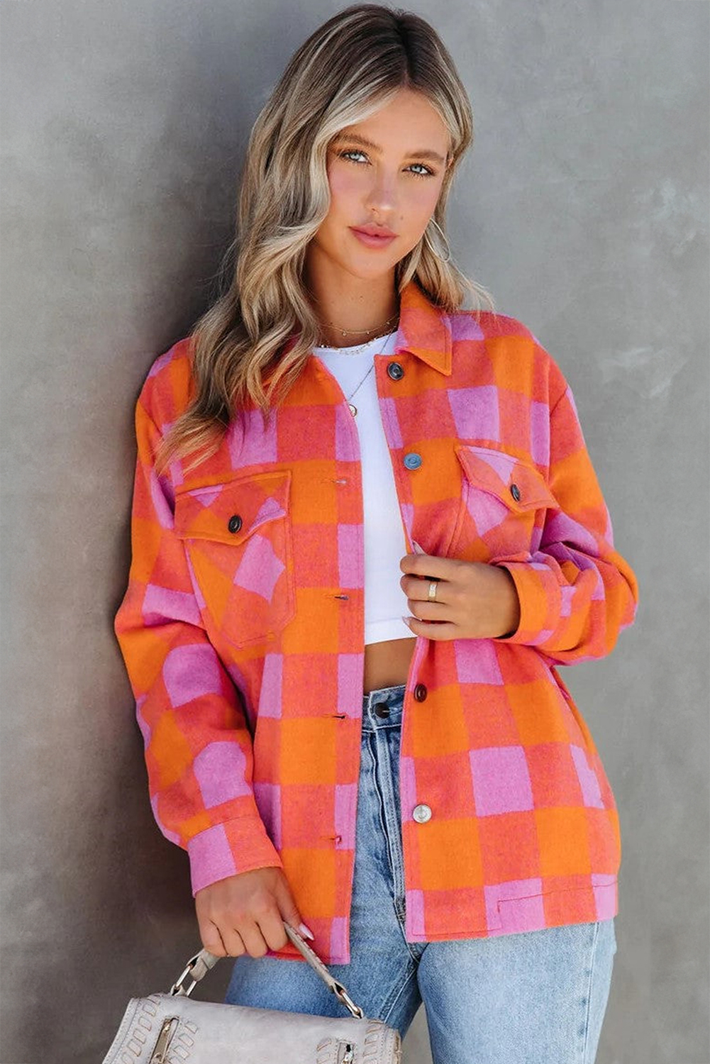 Women's Orange Plaid Chest Pocket Button-up Turn Down Collar Jacket - Detail View 6 Women's Orange Plaid Chest Pocket Button-up Turn Down Collar Jacket - Detail View 6