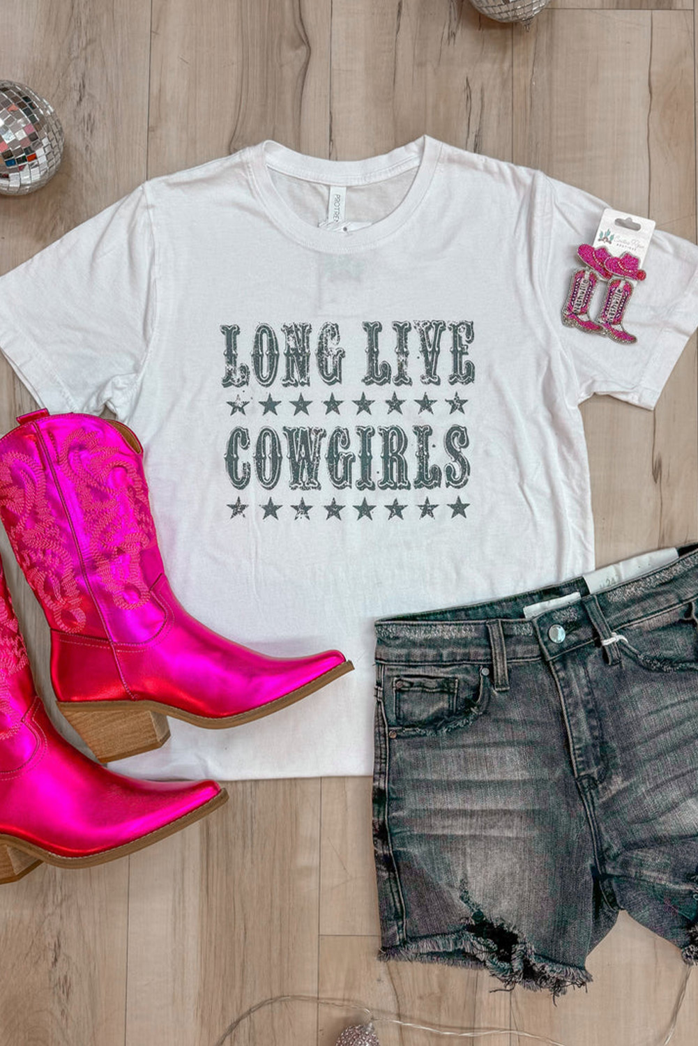 Cowgirl Spirit Graphic Tee - White with Star Prints and Round Neck - Detail View 2 Cowgirl Spirit Graphic Tee - White with Star Prints and Round Neck - Detail View 2