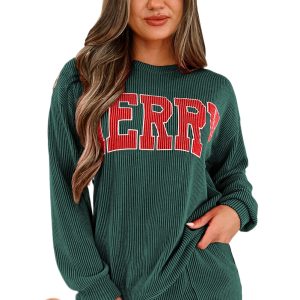 Women's Evergreen Corded MERRY Long Sleeve Graphic Top and Shorts Set - Main View