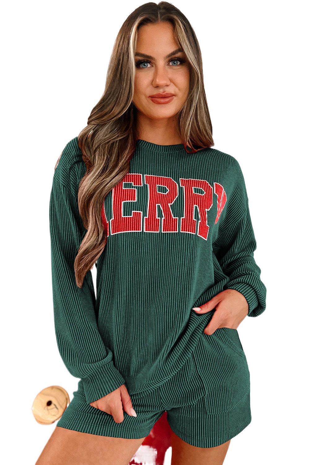 Women's Evergreen Corded MERRY Long Sleeve Graphic Top and Shorts Set - Main View Women's Evergreen Corded MERRY Long Sleeve Graphic Top and Shorts Set - Main View