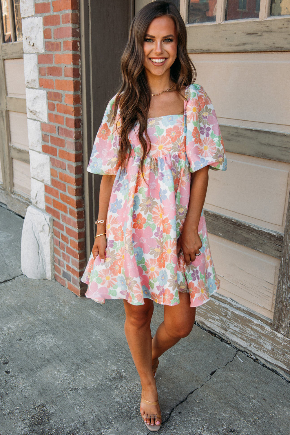 Women's Floral Mini Dress, Square Neck Puff Sleeve Babydoll - Detail View 7 Women's Floral Mini Dress, Square Neck Puff Sleeve Babydoll - Detail View 7