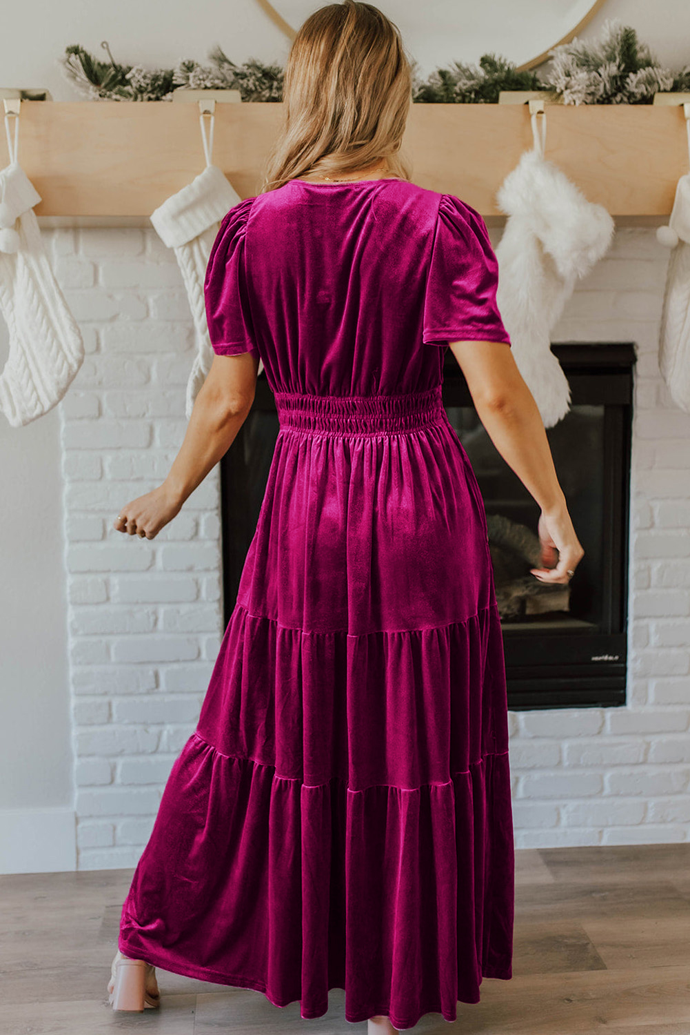 Boho Chic Velvet Maxi Dress - Flattering V Neck and Short Sleeves - Detail View 2 Boho Chic Velvet Maxi Dress - Flattering V Neck and Short Sleeves - Detail View 2