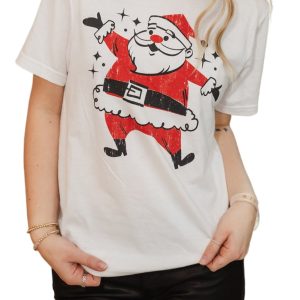 Women's White Cute Father Christmas Printed Casual T-Shirt for Holiday Fun - Main View