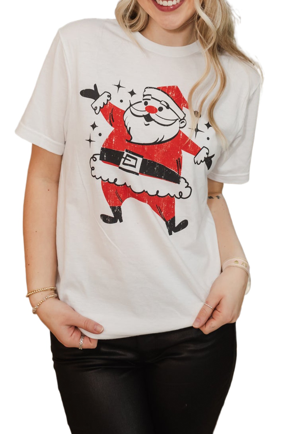 Women's White Cute Father Christmas Printed Casual T-Shirt for Holiday Fun - Main View Women's White Cute Father Christmas Printed Casual T-Shirt for Holiday Fun - Main View