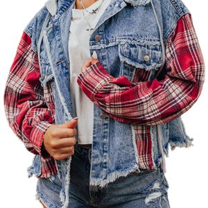 Women's Beau Blue Plaid Patchwork Hooded Denim Jacket - Main View