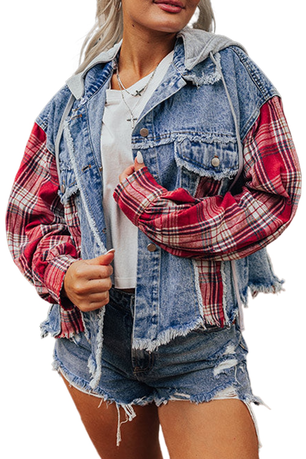Women's Beau Blue Plaid Patchwork Hooded Denim Jacket - Main View Women's Beau Blue Plaid Patchwork Hooded Denim Jacket - Main View