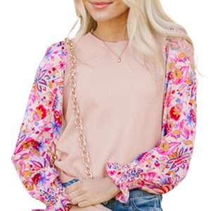 Women's Oatmeal Floral Printed Patchwork Smocked Lantern Sleeve Knit Sweater - Main View