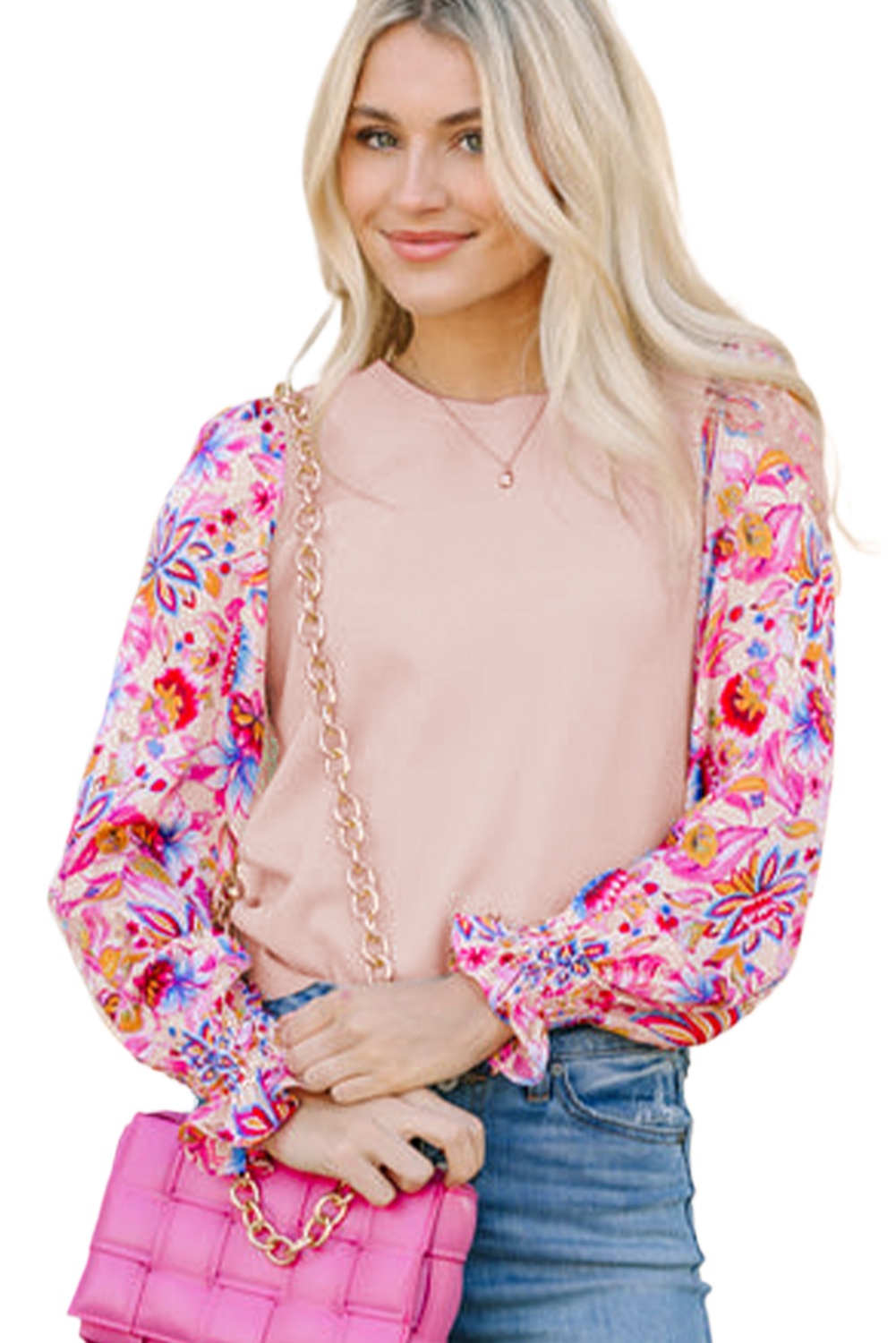 Women's Oatmeal Floral Printed Patchwork Smocked Lantern Sleeve Knit Sweater - Main View Women's Oatmeal Floral Printed Patchwork Smocked Lantern Sleeve Knit Sweater - Main View