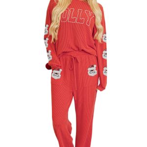 Fiery Red HOLLY Letter and Sequined Father Christmas 2-Piece Set for Festive Cheer - Main View
