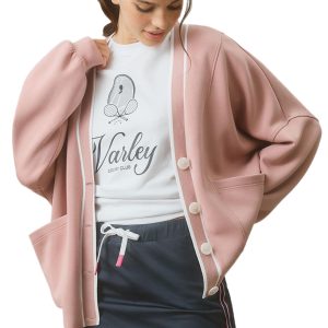 Women's Pink Stripe Contrast Trim V Neck Buttoned Front Pocketed Knit Cardigan - Main View
