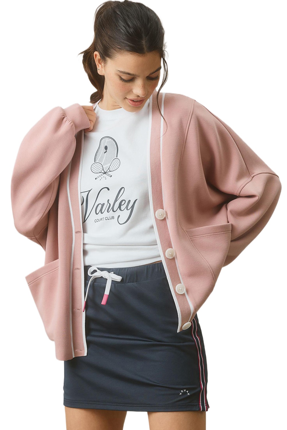 Women's Pink Stripe Contrast Trim V Neck Buttoned Front Pocketed Knit Cardigan - Main View Women's Pink Stripe Contrast Trim V Neck Buttoned Front Pocketed Knit Cardigan - Main View