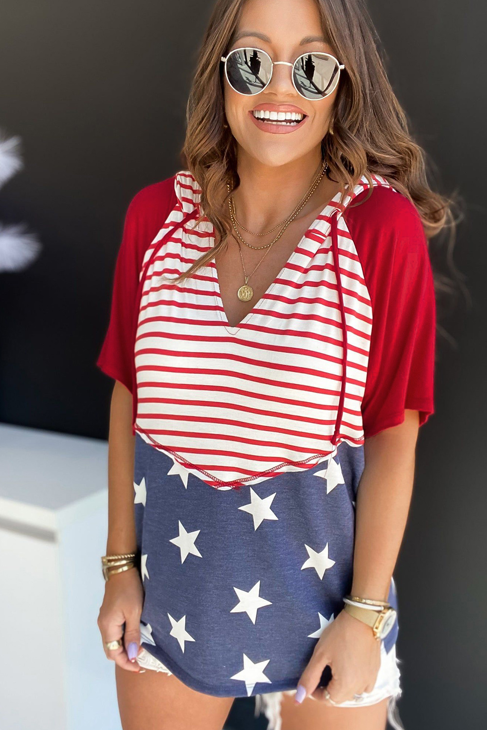 Women's T-Shirt, Fiery Red, Stars and Stripes, Drawstring Hood, Short Sleeve, Casual, Patriotic, V Neckline, Trendy, Stylish, Hot Picks, Best Sellers, Tops, Tops & Tees, Hooded, Striped Pattern, Daily Wear, Casual Style - Detail View 5 Women's T-Shirt, Fiery Red, Stars and Stripes, Drawstring Hood, Short Sleeve, Casual, Patriotic, V Neckline, Trendy, Stylish, Hot Picks, Best Sellers, Tops, Tops & Tees, Hooded, Striped Pattern, Daily Wear, Casual Style - Detail View 5