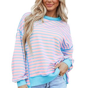 Women's Pink Stripe High-Low Pullover Tunic Sweatshirt - Main View