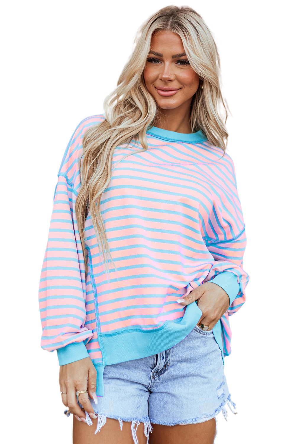 Women's Pink Stripe High-Low Pullover Tunic Sweatshirt - Main View Women's Pink Stripe High-Low Pullover Tunic Sweatshirt - Main View