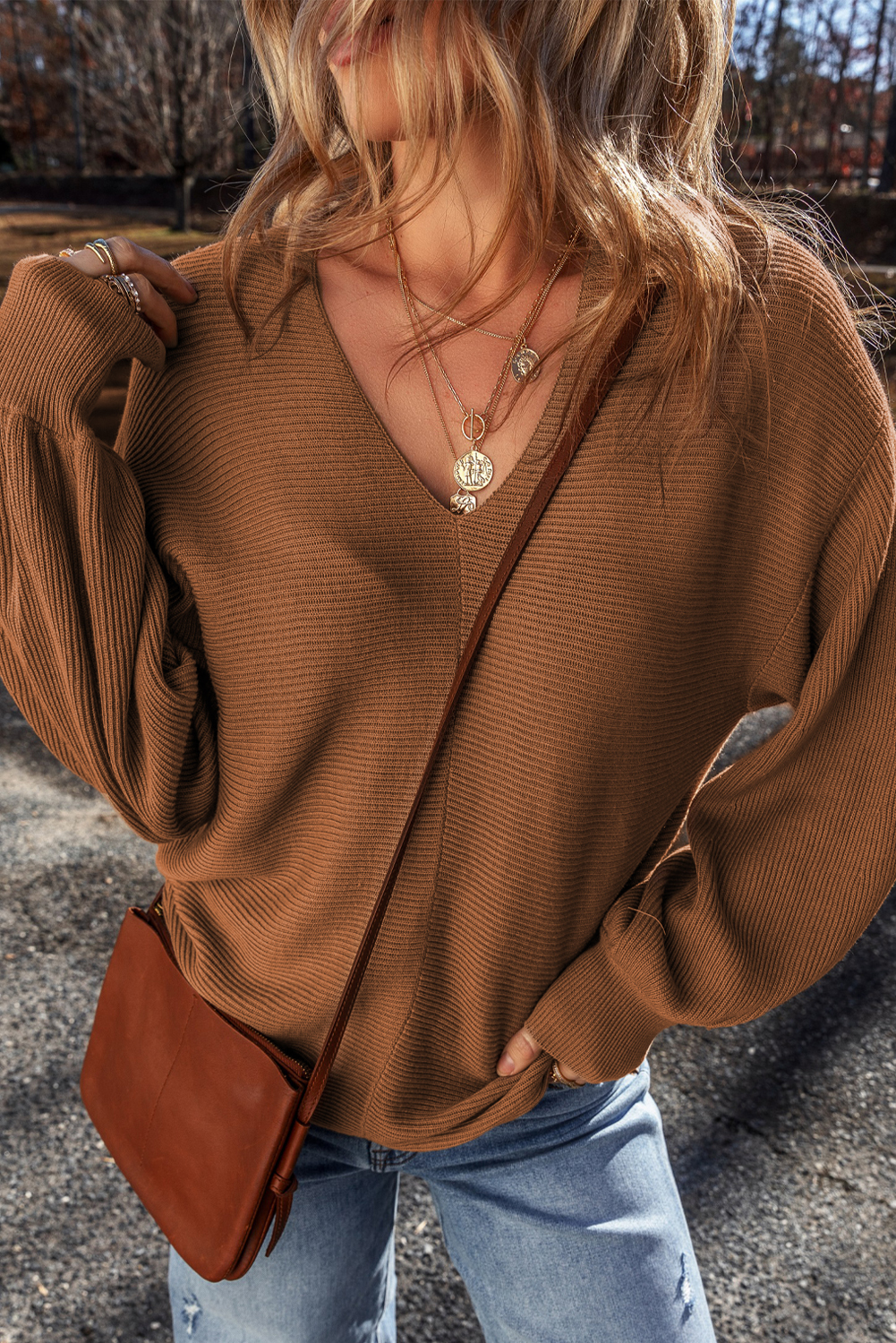 Women's Sweater, Camel Color, Ribbed Knit, Drop Sleeve, V Neck, Loose Fit, Cozy, Casual, Everyday Wear, Fall & Autumn, Trendy, Comfortable, Solid Color, Versatile Wardrobe Staple, Long Sleeve, Elegant Neckline, Chic Style - Detail View 4 Women's Sweater, Camel Color, Ribbed Knit, Drop Sleeve, V Neck, Loose Fit, Cozy, Casual, Everyday Wear, Fall & Autumn, Trendy, Comfortable, Solid Color, Versatile Wardrobe Staple, Long Sleeve, Elegant Neckline, Chic Style - Detail View 4