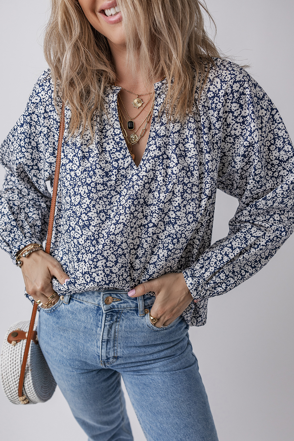 Chic Floral Blouse for Women - Blue V Neck with Puff Sleeves - Detail View 6 Chic Floral Blouse for Women - Blue V Neck with Puff Sleeves - Detail View 6